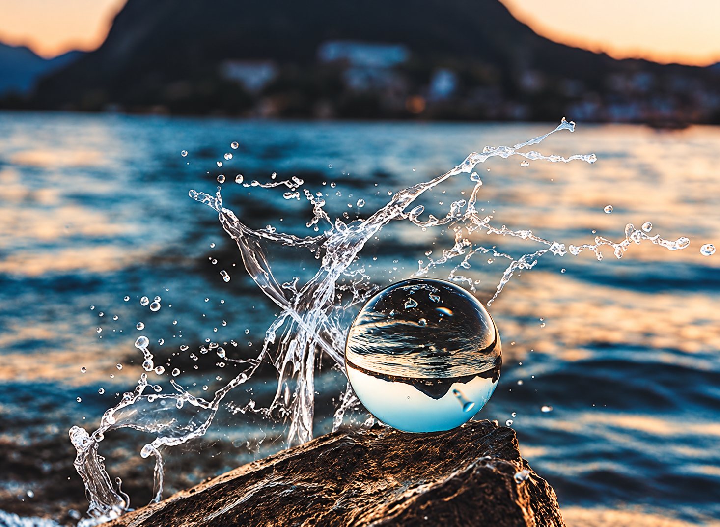 Une boule de cristal posée sur un rocher au bord de l’eau, avec des éclaboussures