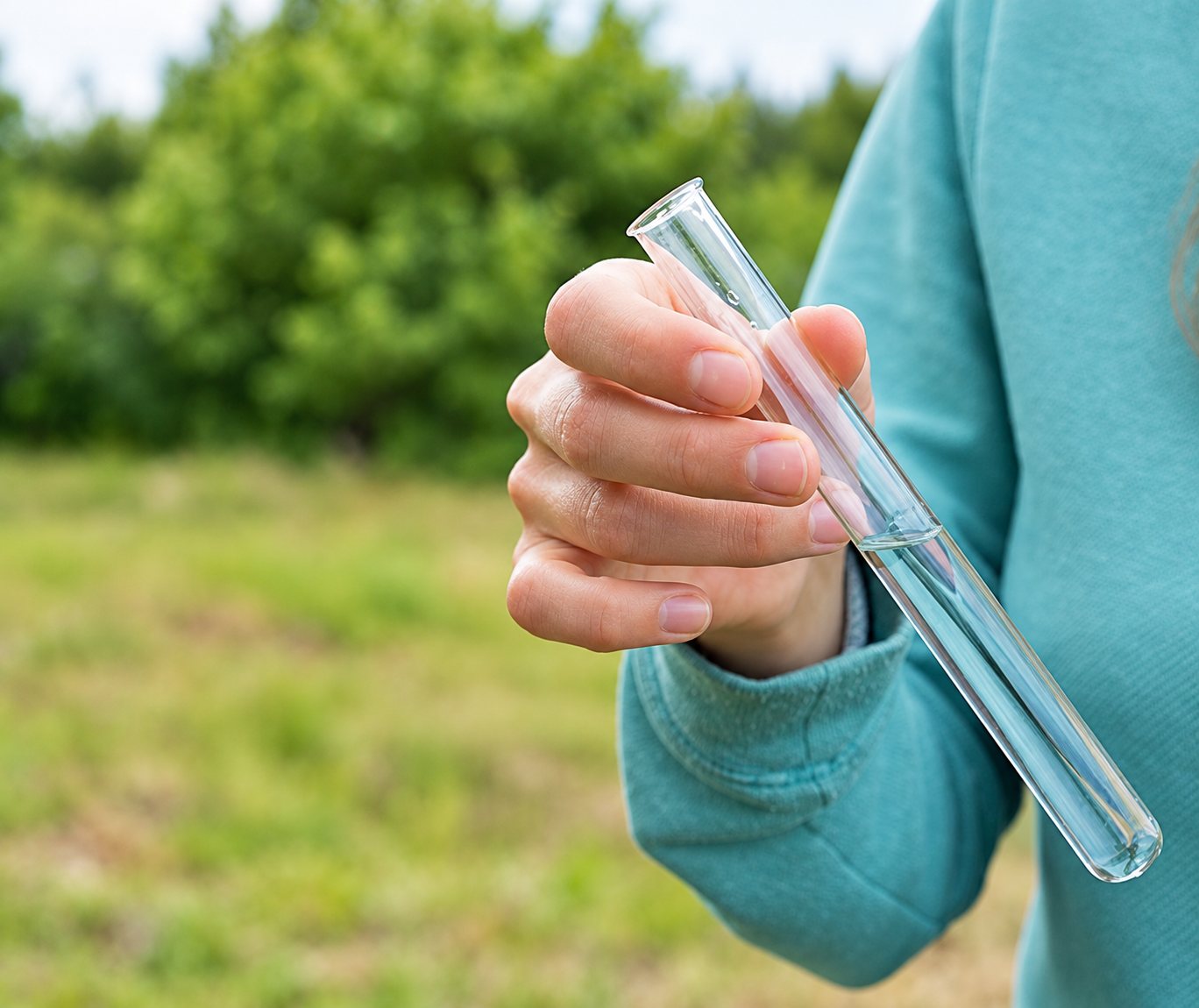 Une personne en pull turquoise tient un tube à essai en verre vide devant un paysage de prairie